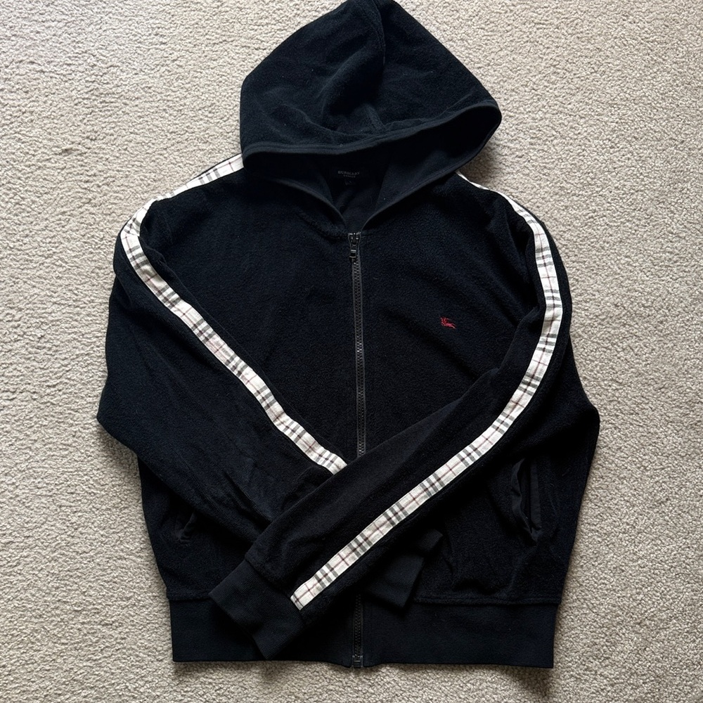 Y2K Burberry Black Zip-Up Sweater with Plaid Stripes Size L